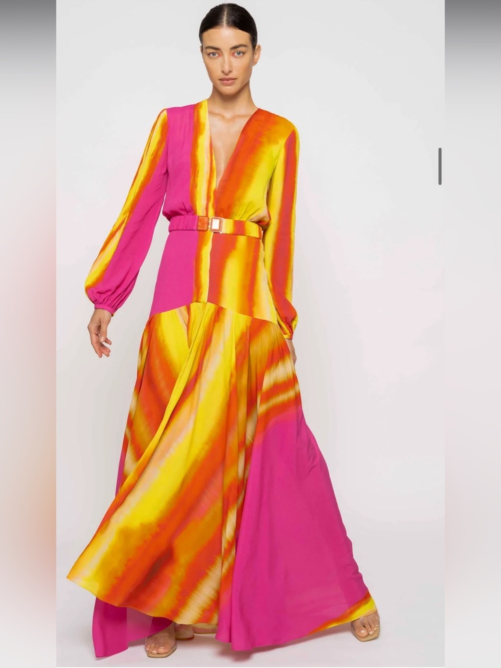 Silvia Tcherassi Pink & Yellow Tie-Dye Maxi Dress with Belt